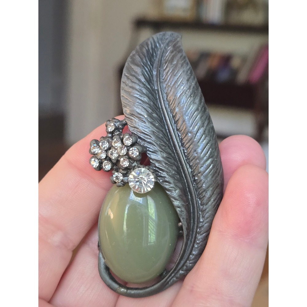 Mid-century Art Nouveau Gunmetal Leaf Jade Brooch Vintage Brutalist Rare